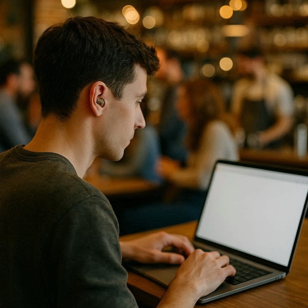 A remote worker wearing noise-canceling earplugs while studying in a noisy coffee shop environment.
