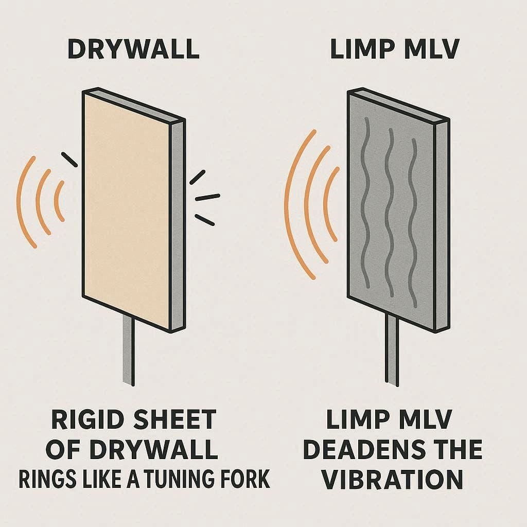 Diagram comparing acoustic resonance in rigid drywall versus dampening in limp mass loaded vinyl.