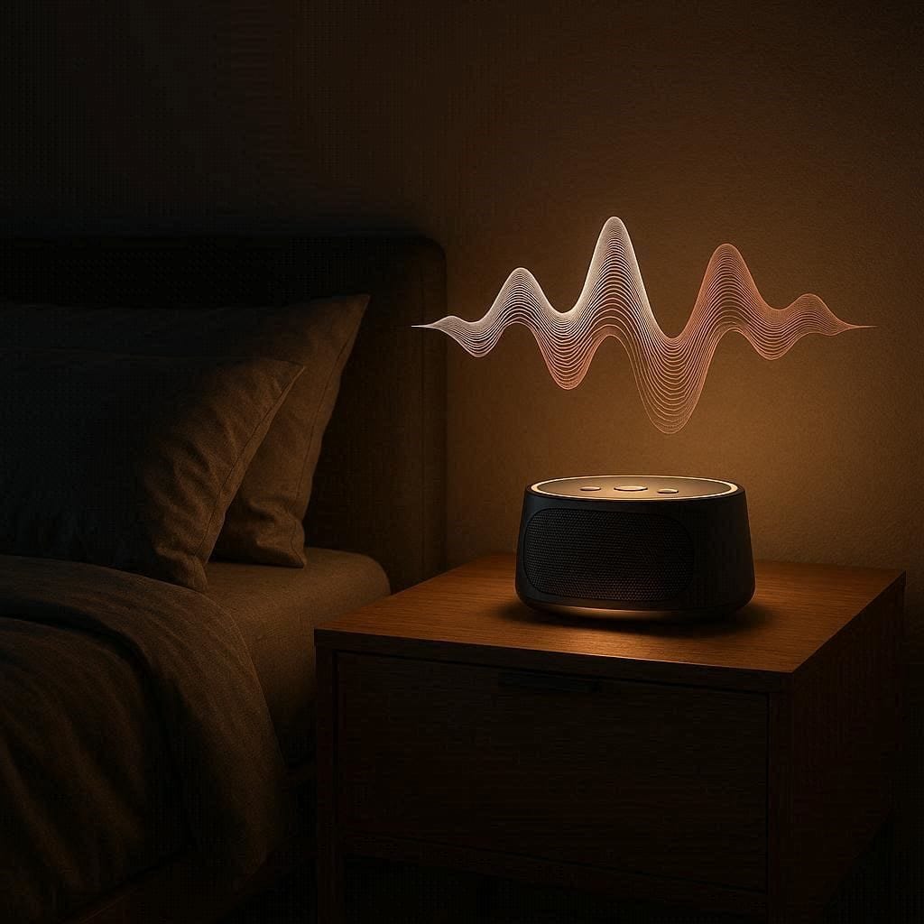 Modern sound machine on a nightstand emitting white, pink, and brown noise frequencies for deep sleep.