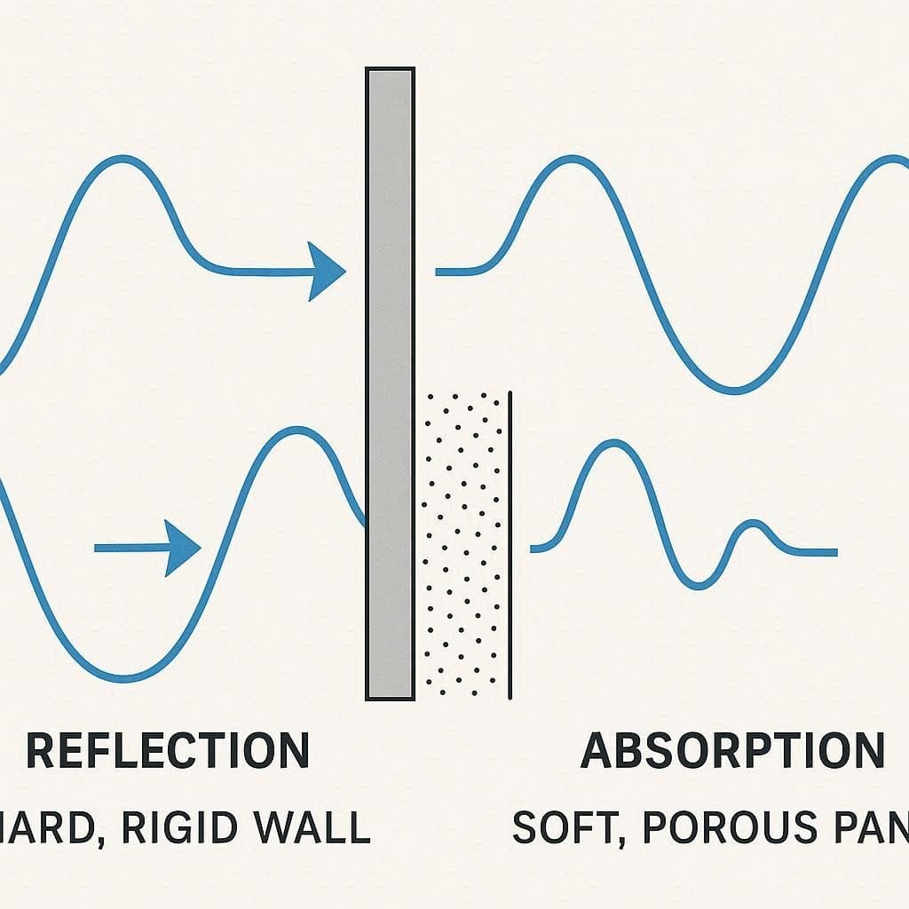 Diagram illustrating acoustic reflection and how sound waves bounce off hard walls.