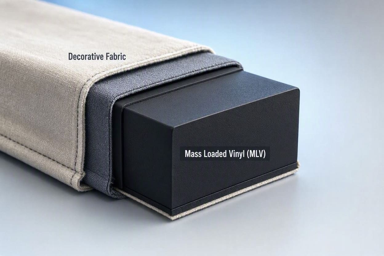 A cross-section diagram showing the dense mass loaded vinyl core inside a true sound-blocking curtain