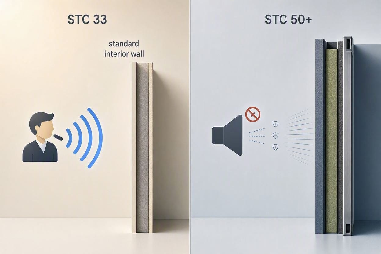 An infographic chart showing the difference between low STC ratings and high STC ratings in residential walls