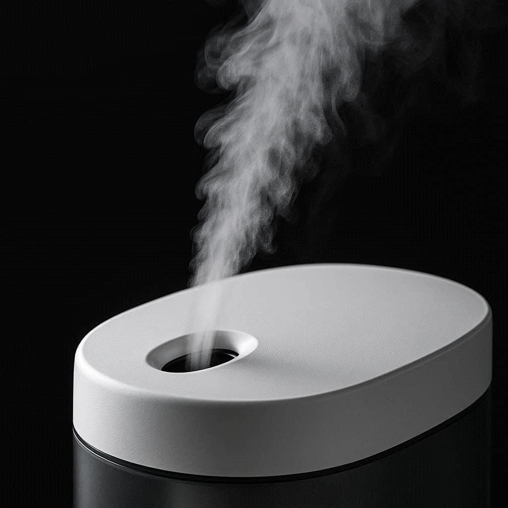 Close-up of fine cool mist from an ultrasonic silent humidifier.