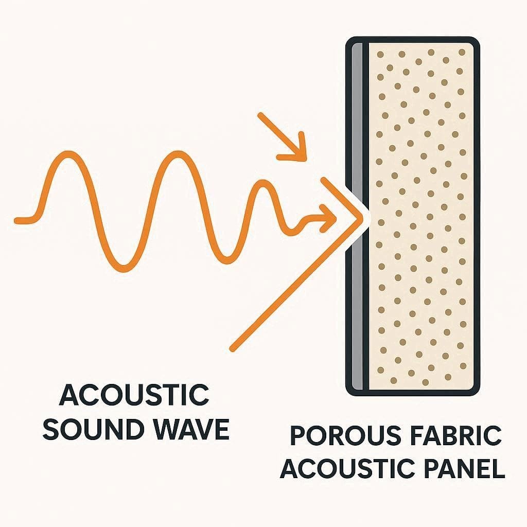 Technical diagram illustrating how acoustic panels absorb sound waves to measure Noise Reduction Coefficient.