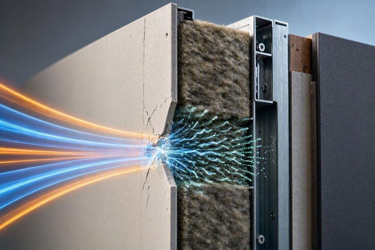 A 3D architectural cross-section showing how a high STC wall blocks airborne sound waves