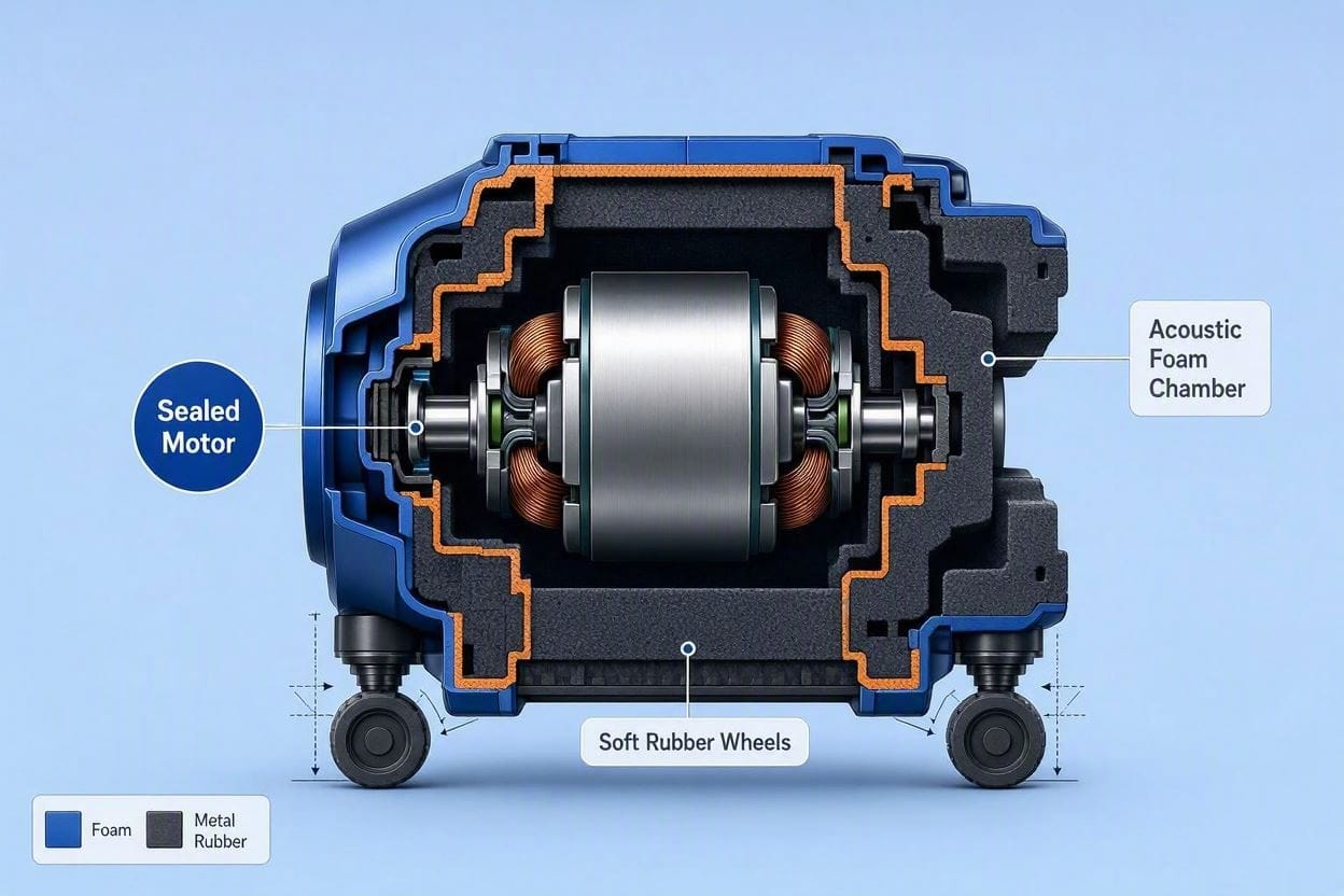 A scientific diagram showing how acoustic foam insulation and rubber wheels make a vacuum cleaner quiet