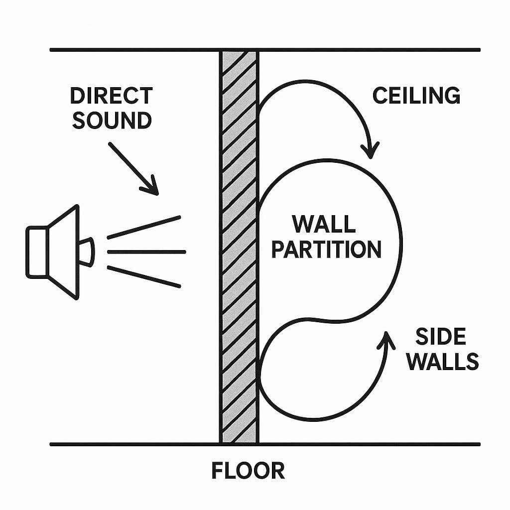 Structural diagram showing flanking noise pathways bypassing a soundproofed wall partition through floors and ceilings