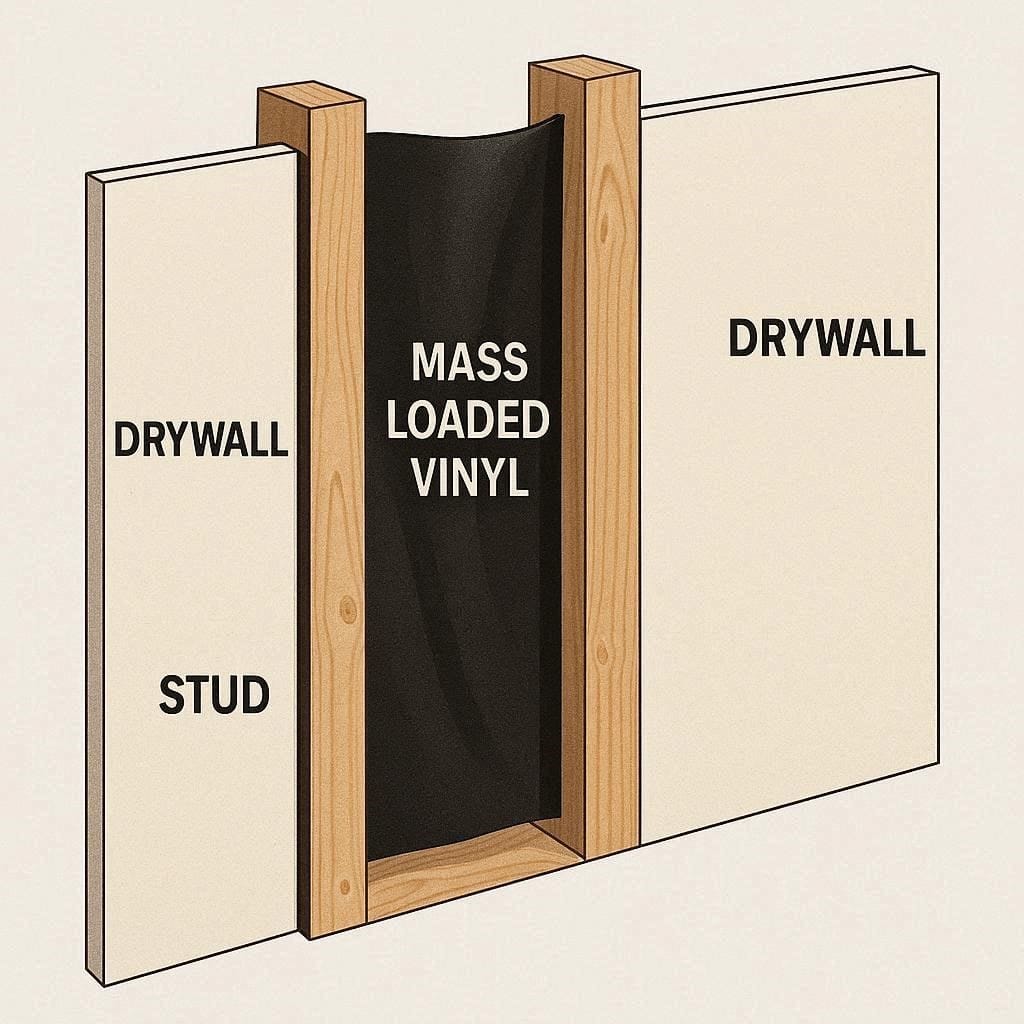 Structural wall diagram showing the placement of Mass Loaded Vinyl behind drywall.