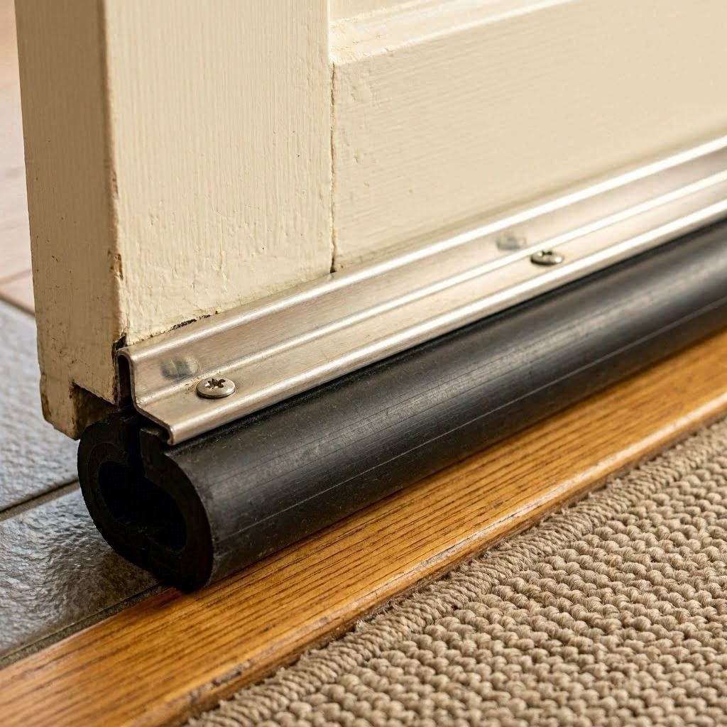 A heavy acoustic door sweep installed at the bottom of a solid core door to block hallway noise.