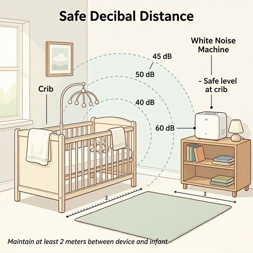 Diagram showing the safe distance to place a sound machine from a baby's crib to maintain healthy decibel levels