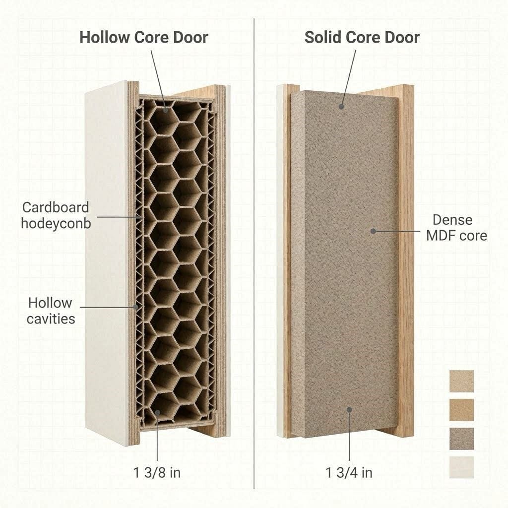 A cross-section comparison of a solid core vs hollow core door for bedroom soundproofing.