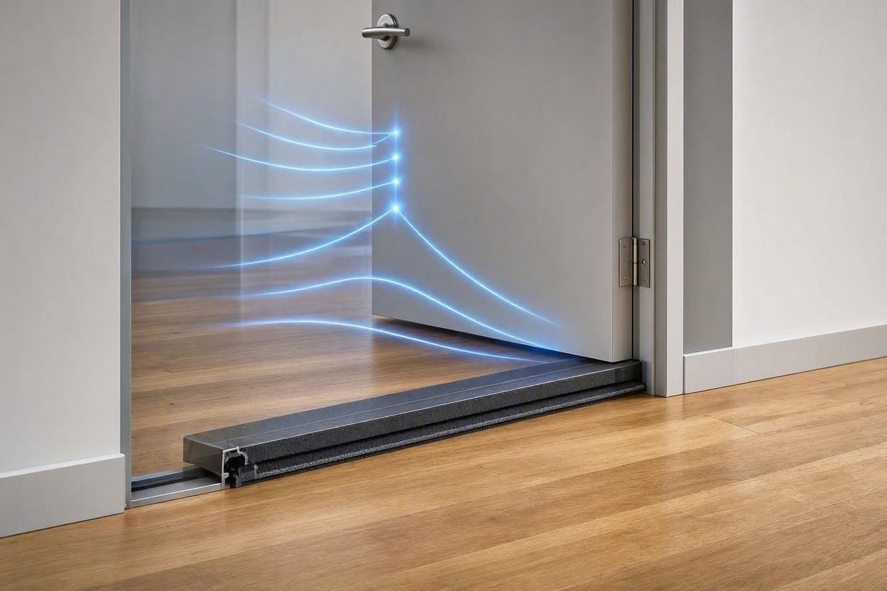 A technical diagram showing how an acoustic door sweep blocks sound waves from entering a home office