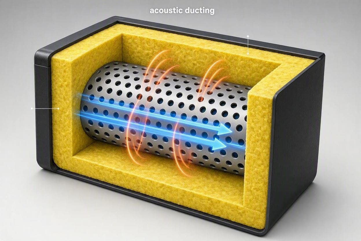 A 3D technical diagram showing how acoustic ducting absorbs inline fan airflow noise