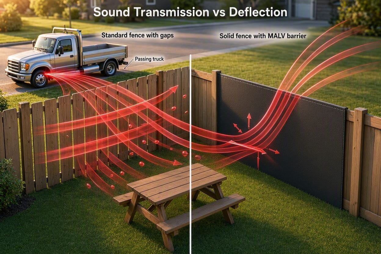 A technical diagram showing how mass-loaded vinyl prevents traffic noise from penetrating a backyard fence