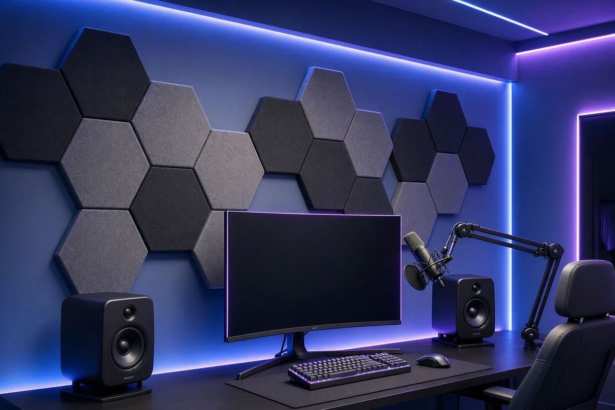 A premium, acoustically treated gaming room setup with neon lighting and hexagonal sound panels