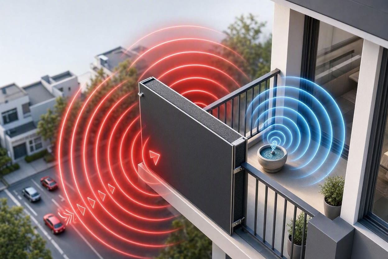 A technical diagram illustrating how balcony privacy screens deflect street noise while water features mask remaining sounds