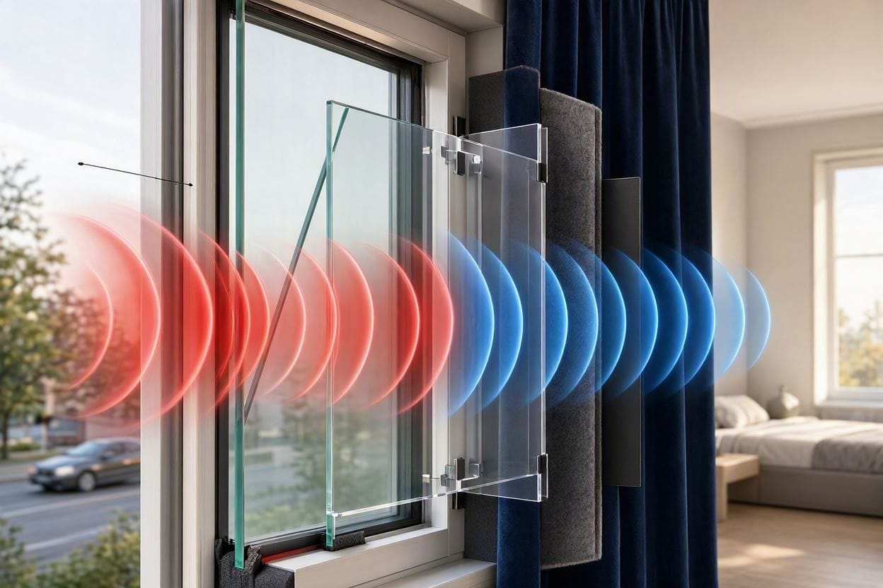 A technical diagram illustrating how to layer window treatments to block outside noise from entering a bedroom