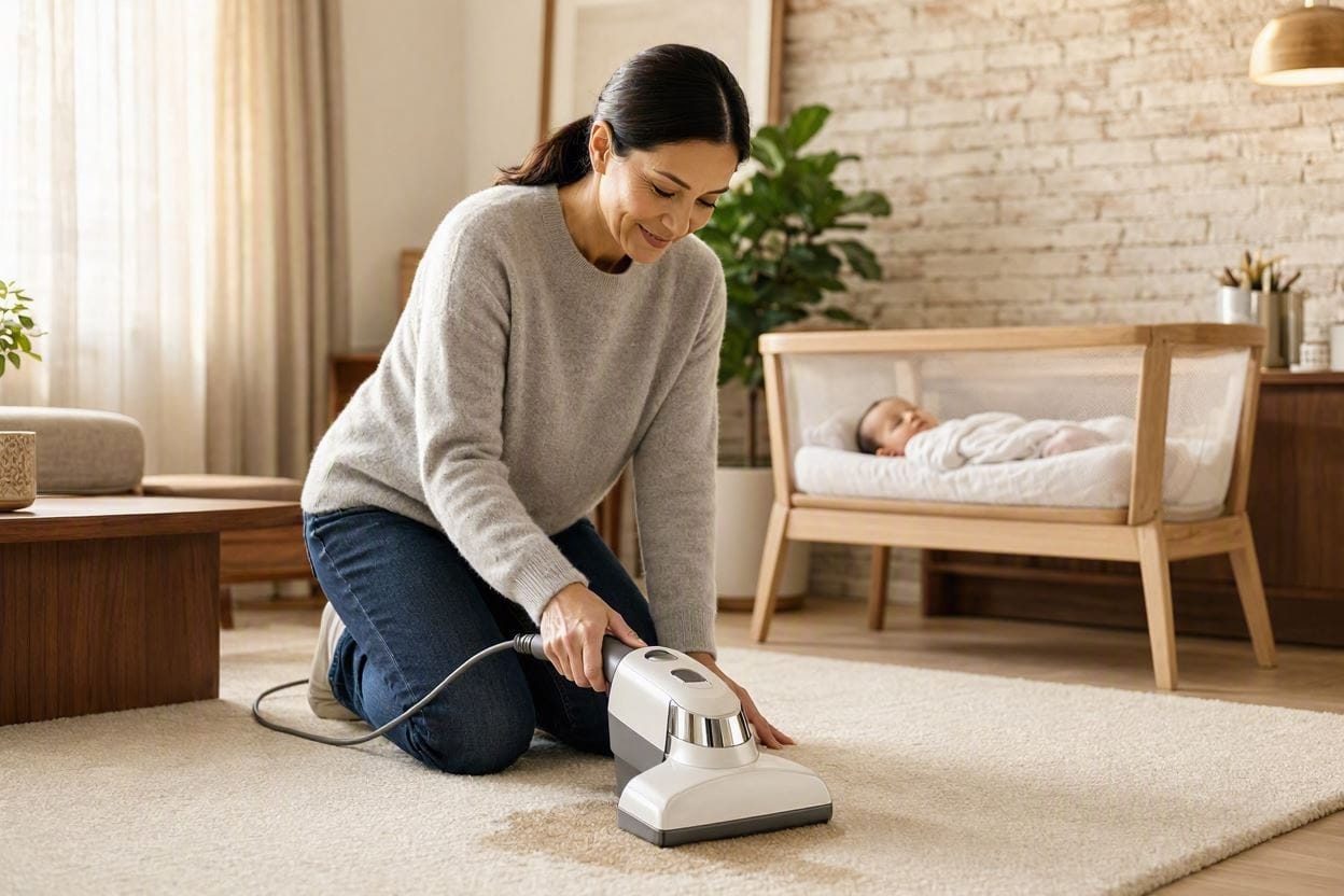 A quiet carpet spot cleaner easily removing a stain while a baby sleeps peacefully in the background