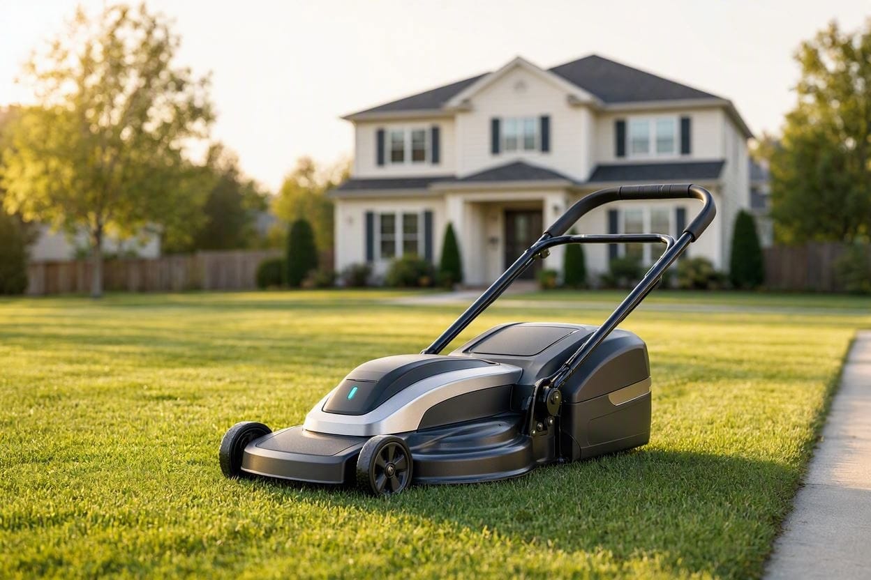 A premium, quiet battery-powered lawn mower operating peacefully on a suburban lawn
