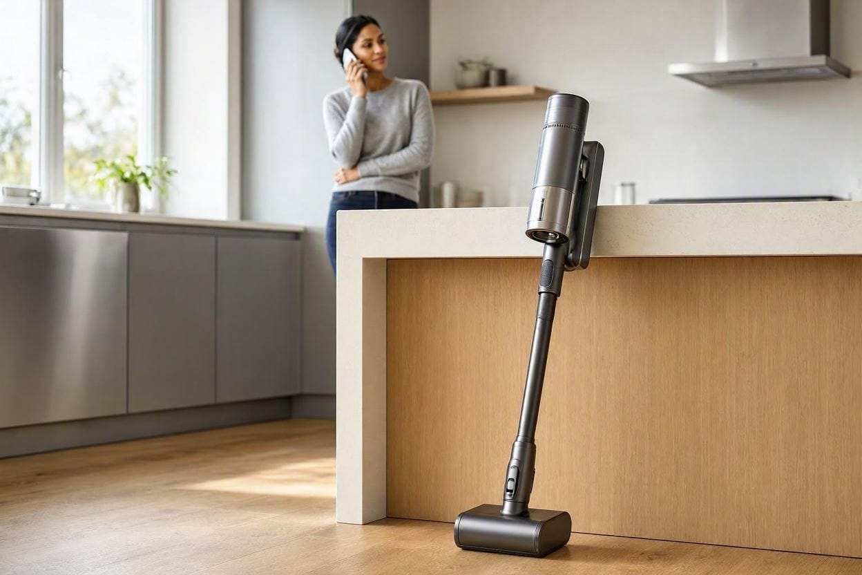 A premium, whisper-quiet cordless stick vacuum in a modern kitchen setting