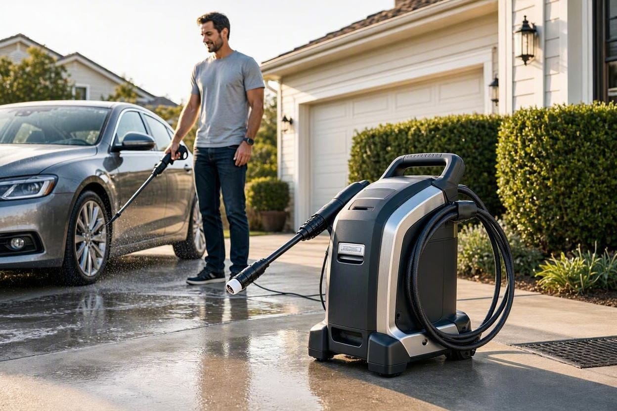 A homeowner using a quiet electric pressure washer on a driveway without needing ear protection