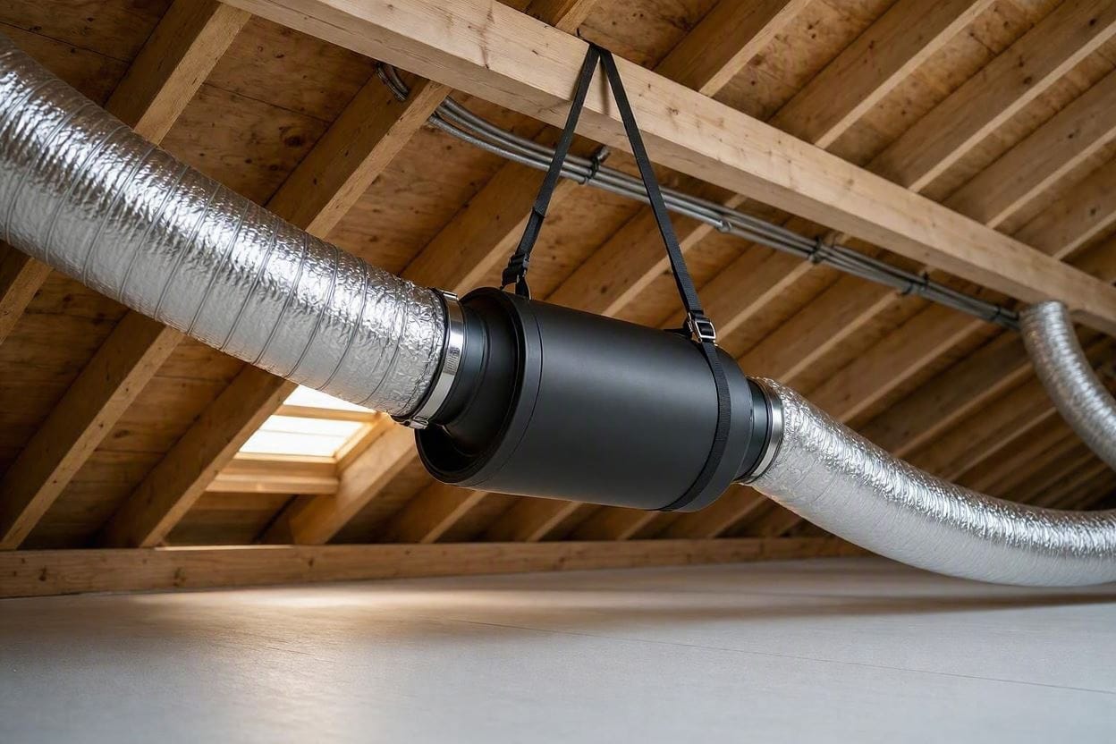 A premium, whisper-quiet inline duct fan installed in a home attic