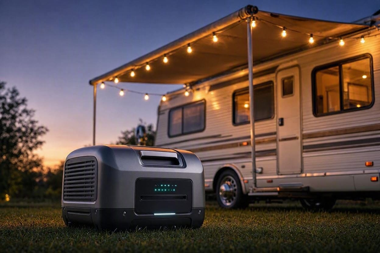 A quiet inverter generator powering an RV campsite at dusk without disturbing the peace