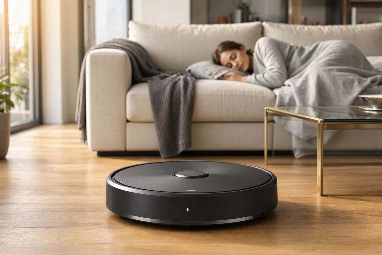 A premium, whisper-quiet robot vacuum cleaning a hardwood floor while a person sleeps in the background