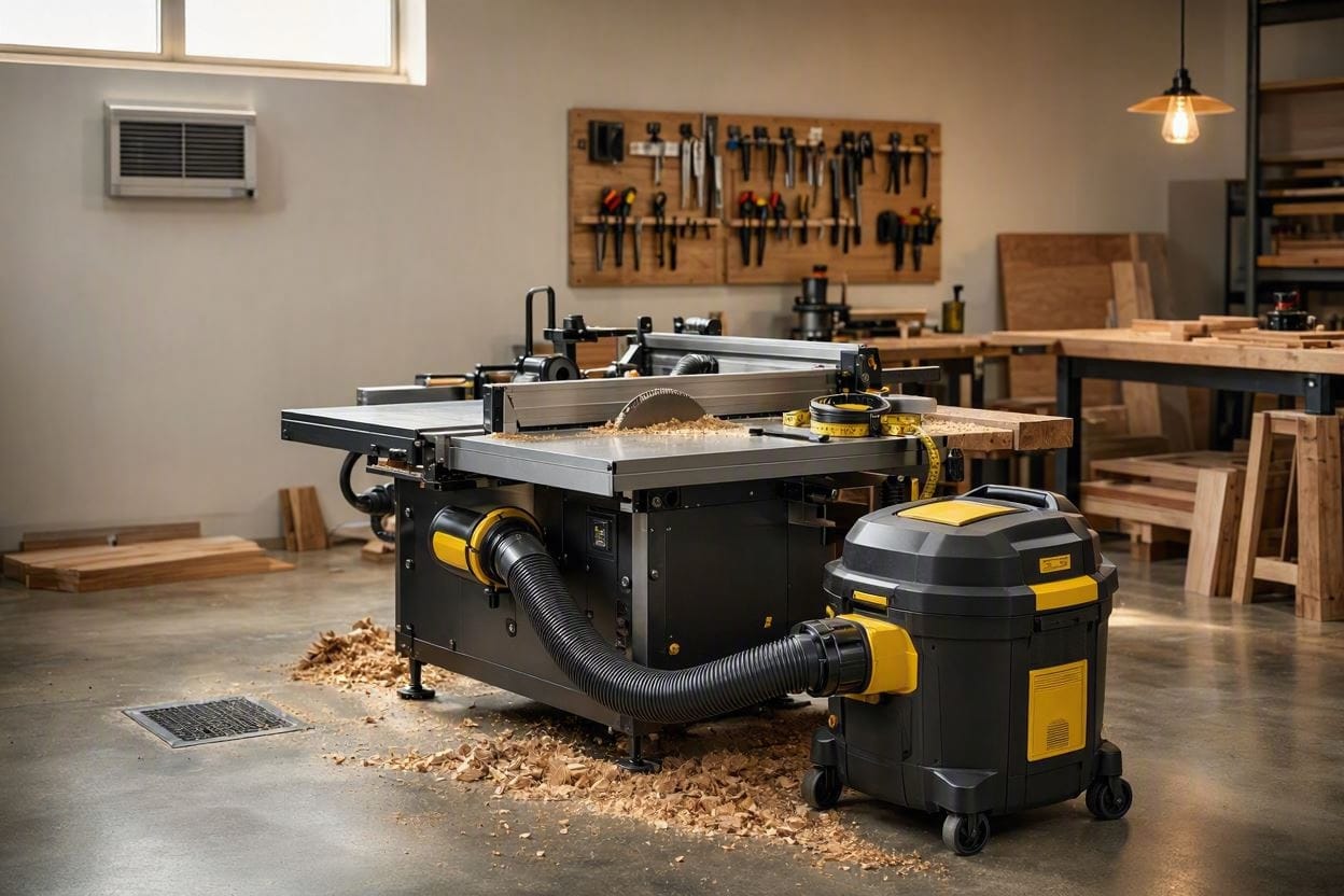 A quiet dust extractor and shop vac operating in a modern woodworking garage