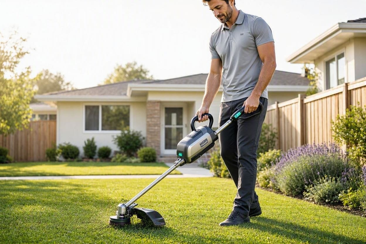 A homeowner edging a lawn with a quiet, battery-powered string trimmer without needing heavy ear protection