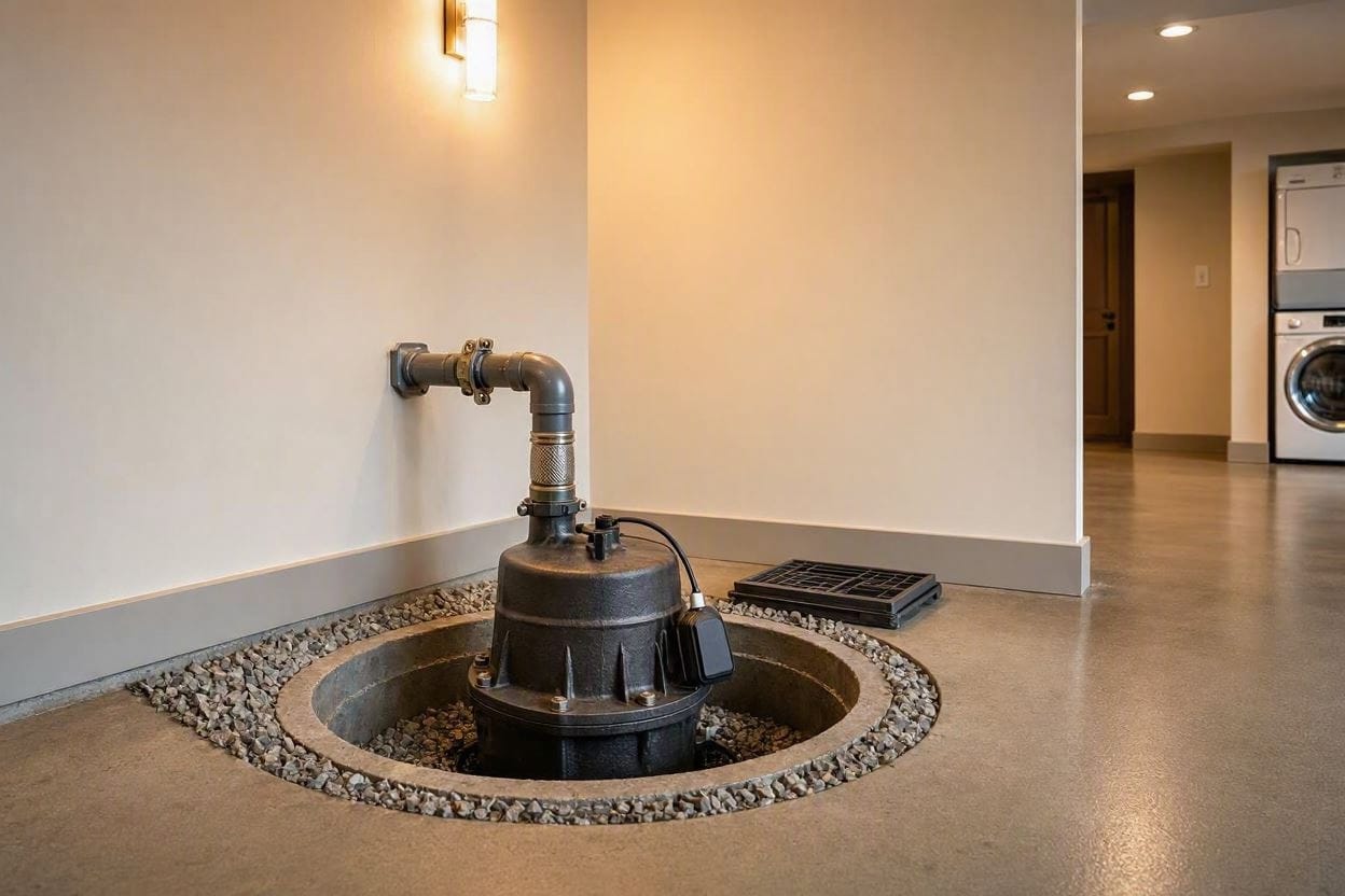 A heavy-duty cast-iron submersible sump pump installed quietly in a finished basement