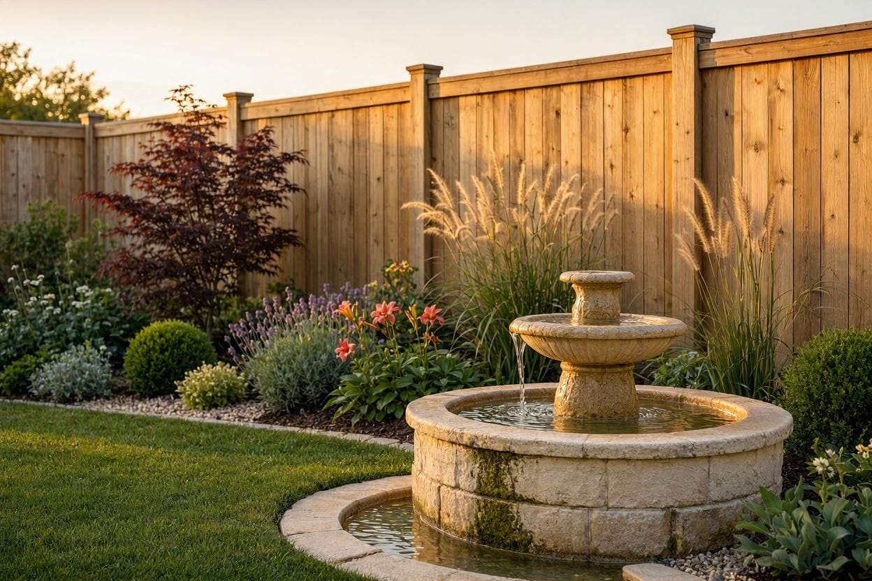 A quiet backyard oasis utilizing a solid privacy fence and a stone water fountain to mask traffic noise