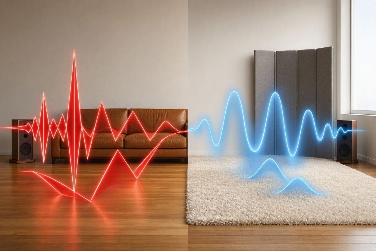 A diagram showing how soft furniture absorbs sound waves while hard furniture reflects them and causes echo