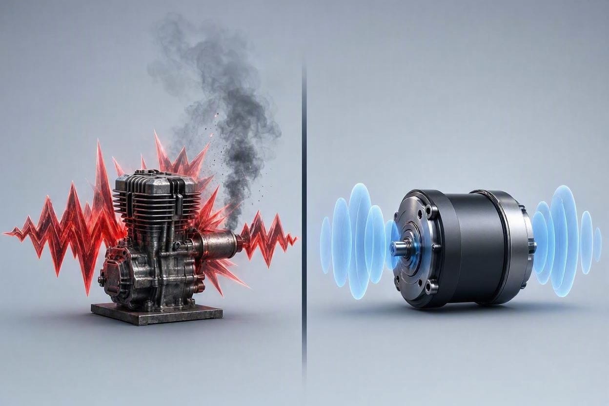 A diagram showing the acoustic differences between a loud gas string trimmer and a quiet brushless electric model