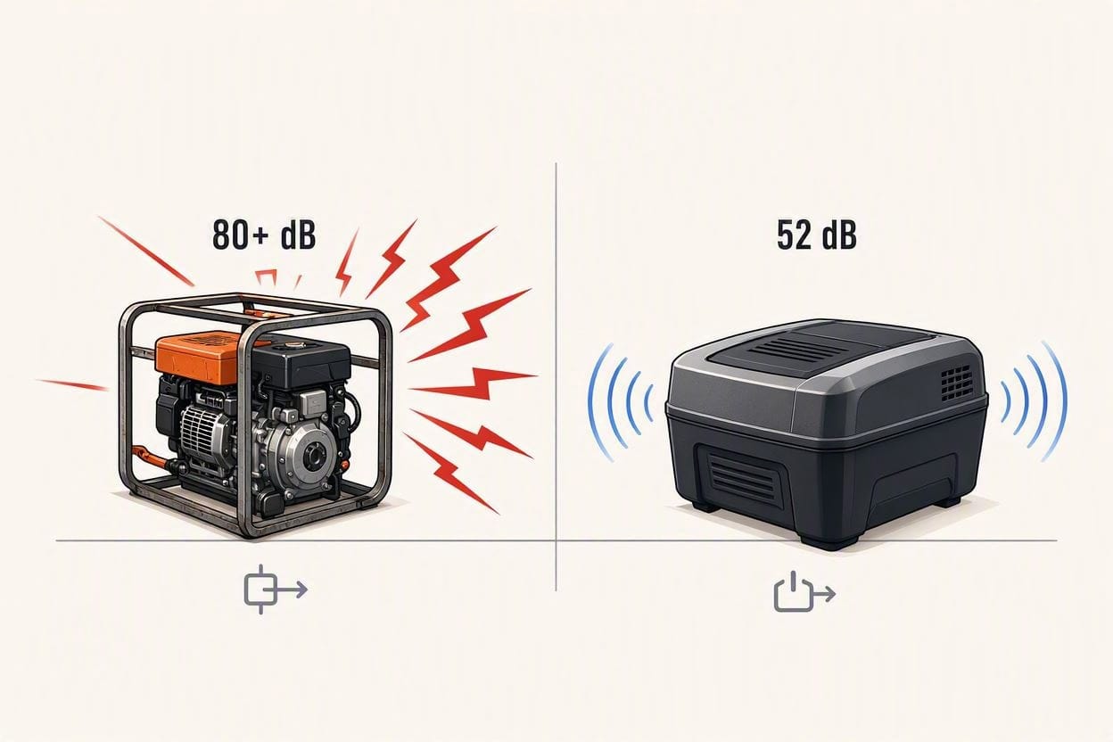 <li><strong>Alt Text:</strong> An acoustic infographic comparing the loud noise of open-frame generators to quiet closed-frame inverters