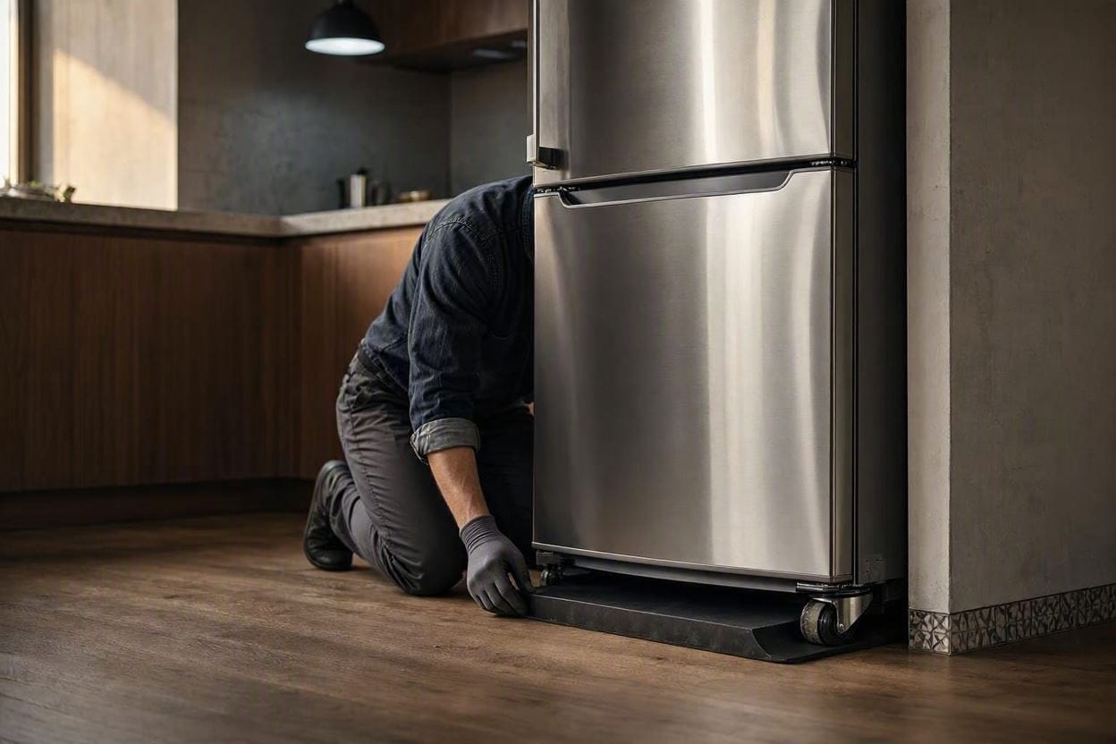 Installing anti-vibration rubber mats under a noisy stainless steel refrigerator