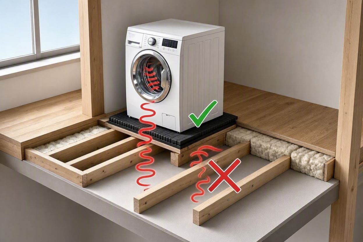 A 3D diagram illustrating how mechanical decoupling stops washing machine vibrations from traveling through floor joists