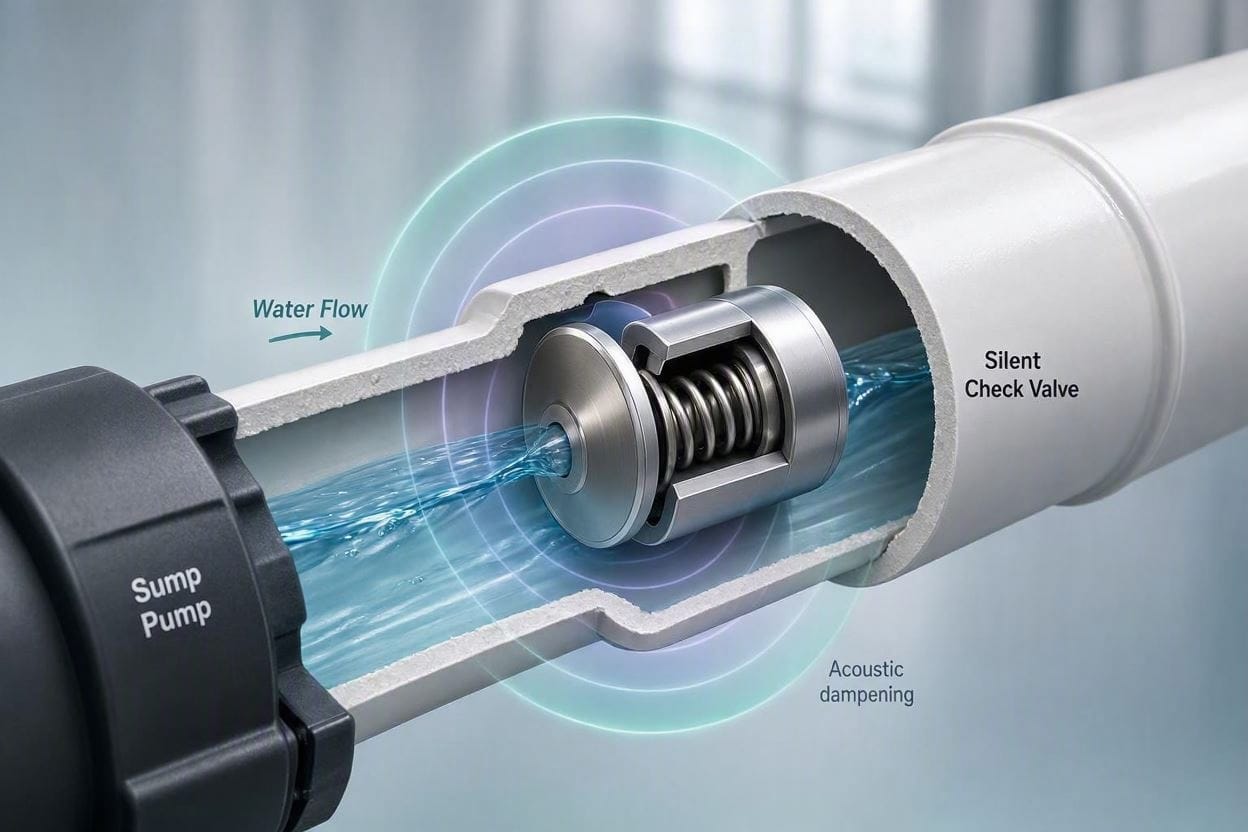 An acoustic diagram showing how a silent check valve eliminates sump pump water hammer noise