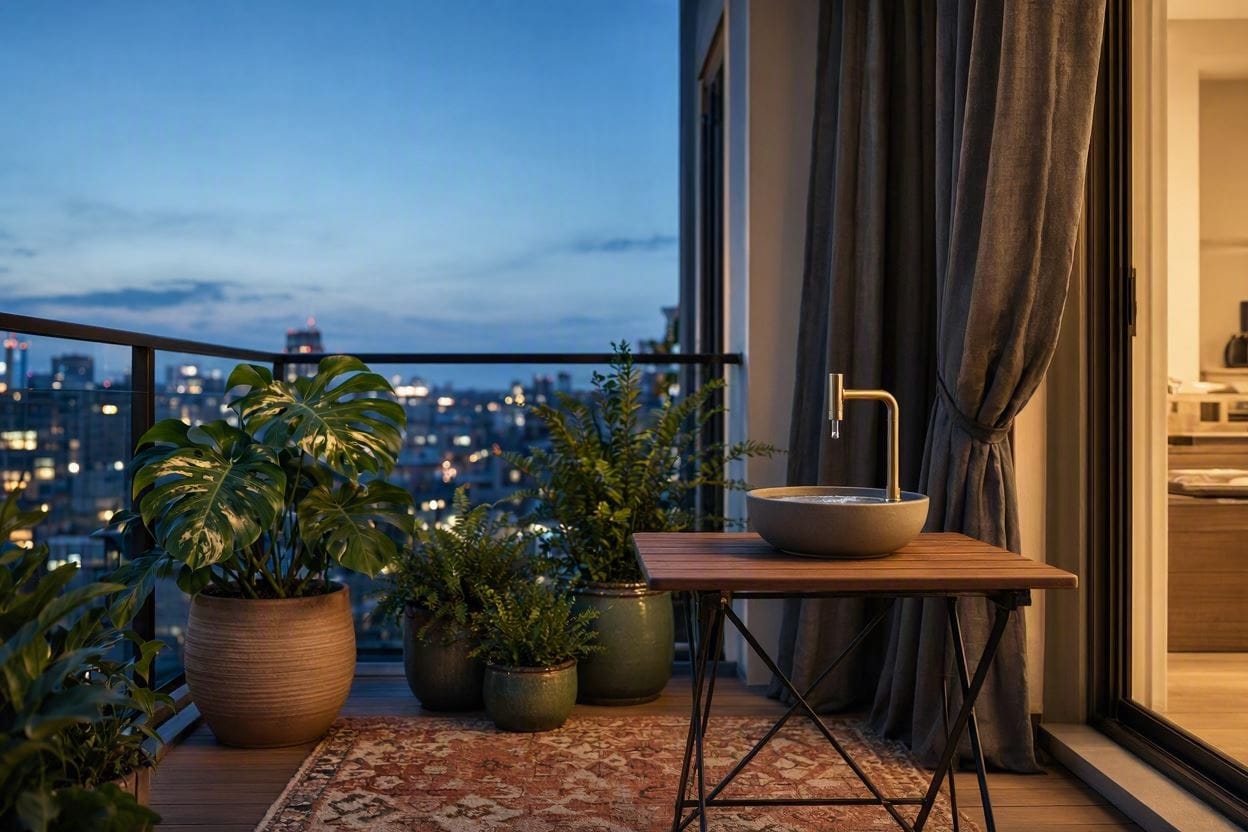 A beautifully decorated apartment balcony utilizing outdoor curtains, rugs, and a water fountain to reduce city noise