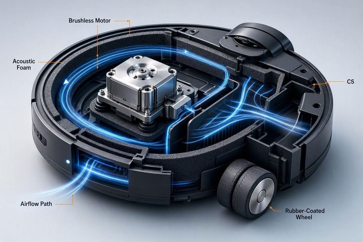 A technical 3D diagram showing the brushless motor and sound-dampening foam inside a quiet robot vacuum