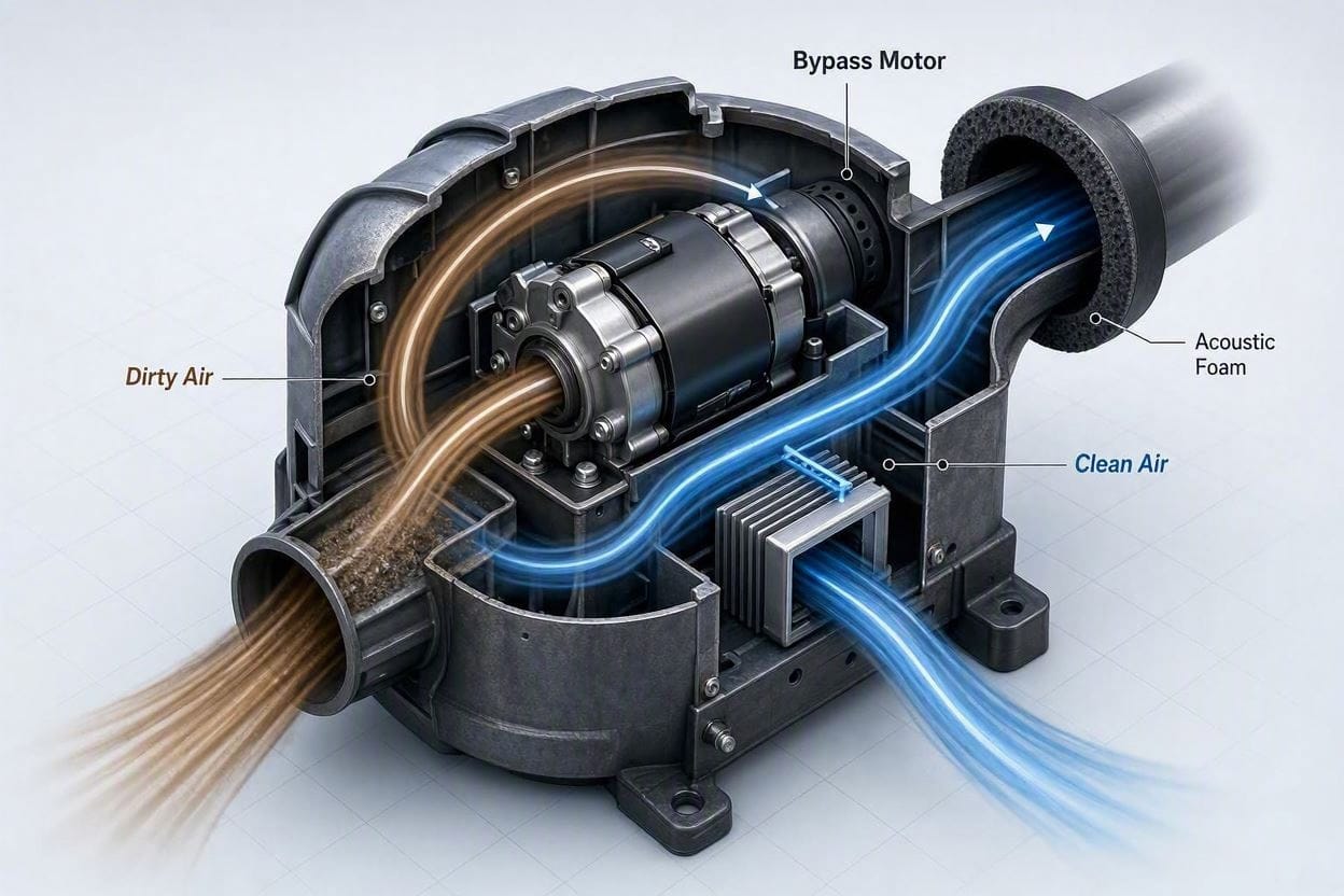 A technical diagram showing how a bypass motor and acoustic baffling make a shop vac quiet