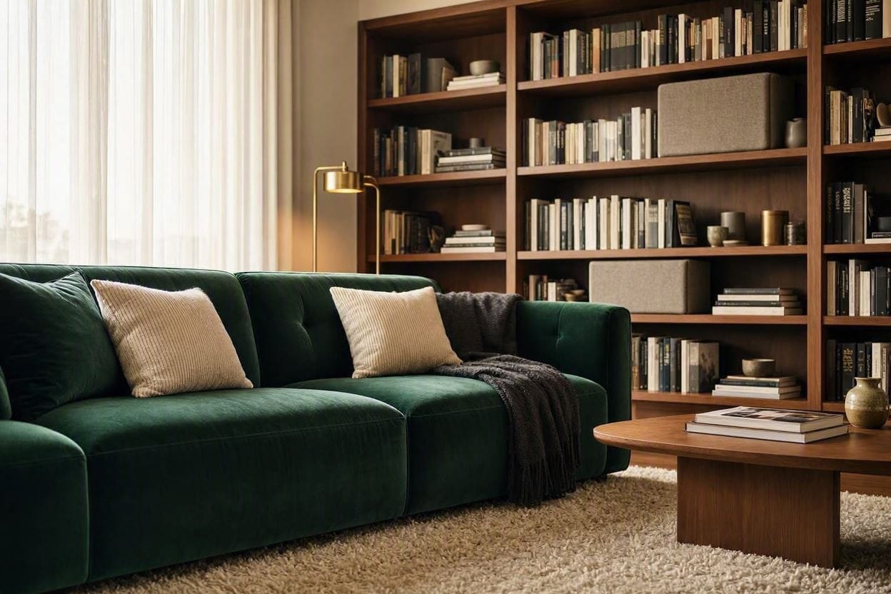 A cozy living room utilizing a velvet sofa, thick rug, and bookshelves to naturally absorb sound and reduce echo
