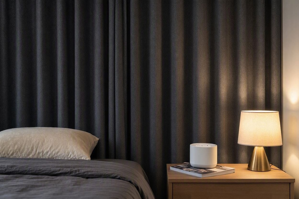 A peaceful, soundproofed bedroom featuring heavy acoustic curtains and a bedside white noise machine