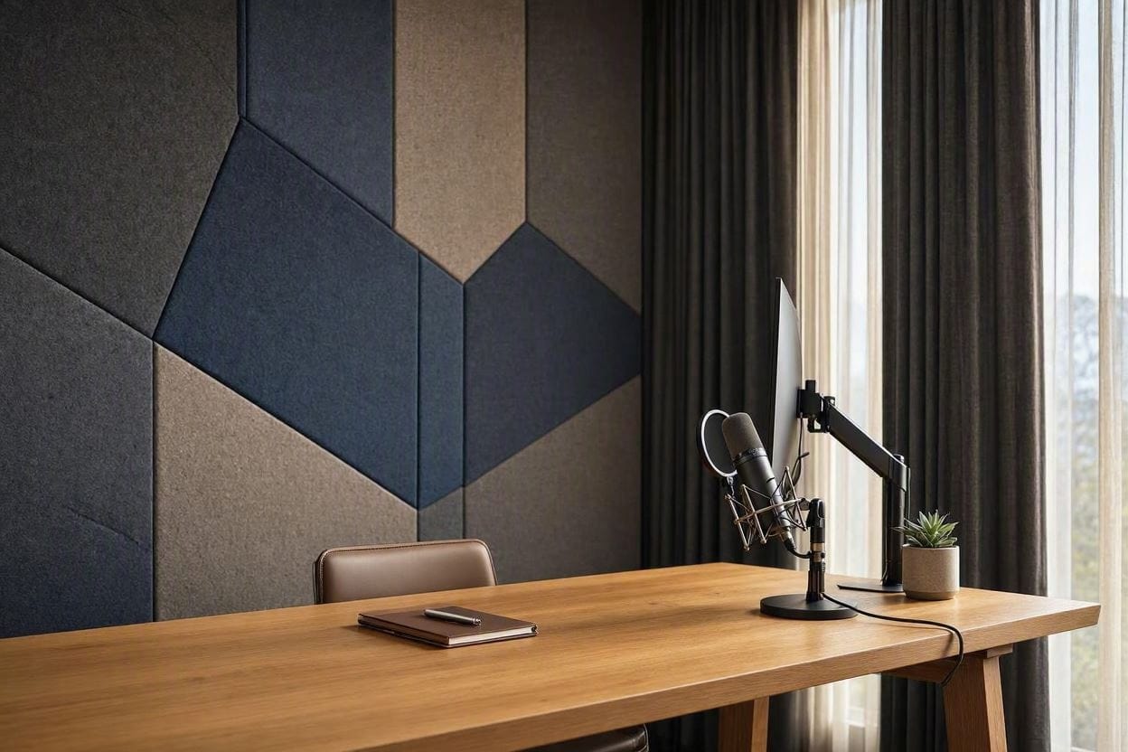 A modern, acoustically treated home office designed for quiet Zoom meetings and remote work