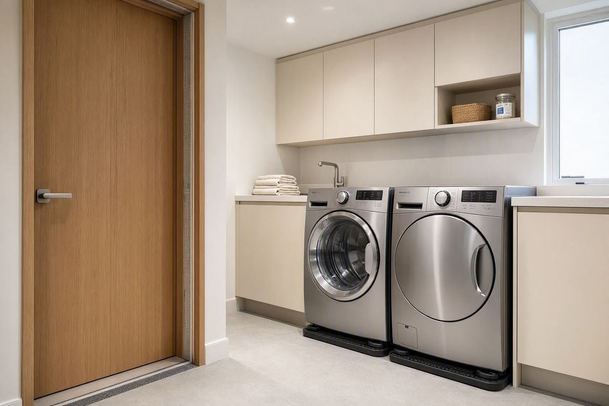 A modern laundry room featuring washing machines seated on thick acoustic decoupling mats to prevent structural vibration