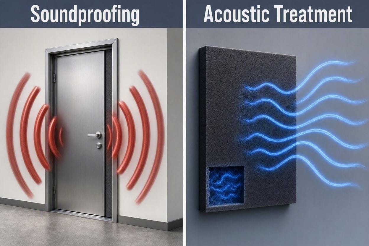 A 3D diagram explaining the physical difference between blocking sound and absorbing sound
