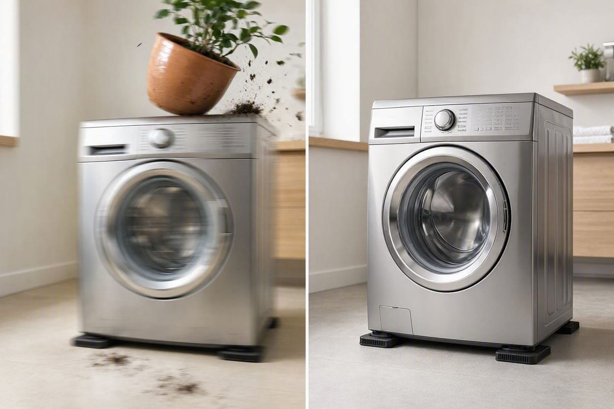 A before and after comparison showing a shaking washing machine stabilized by rubber anti-vibration pads
