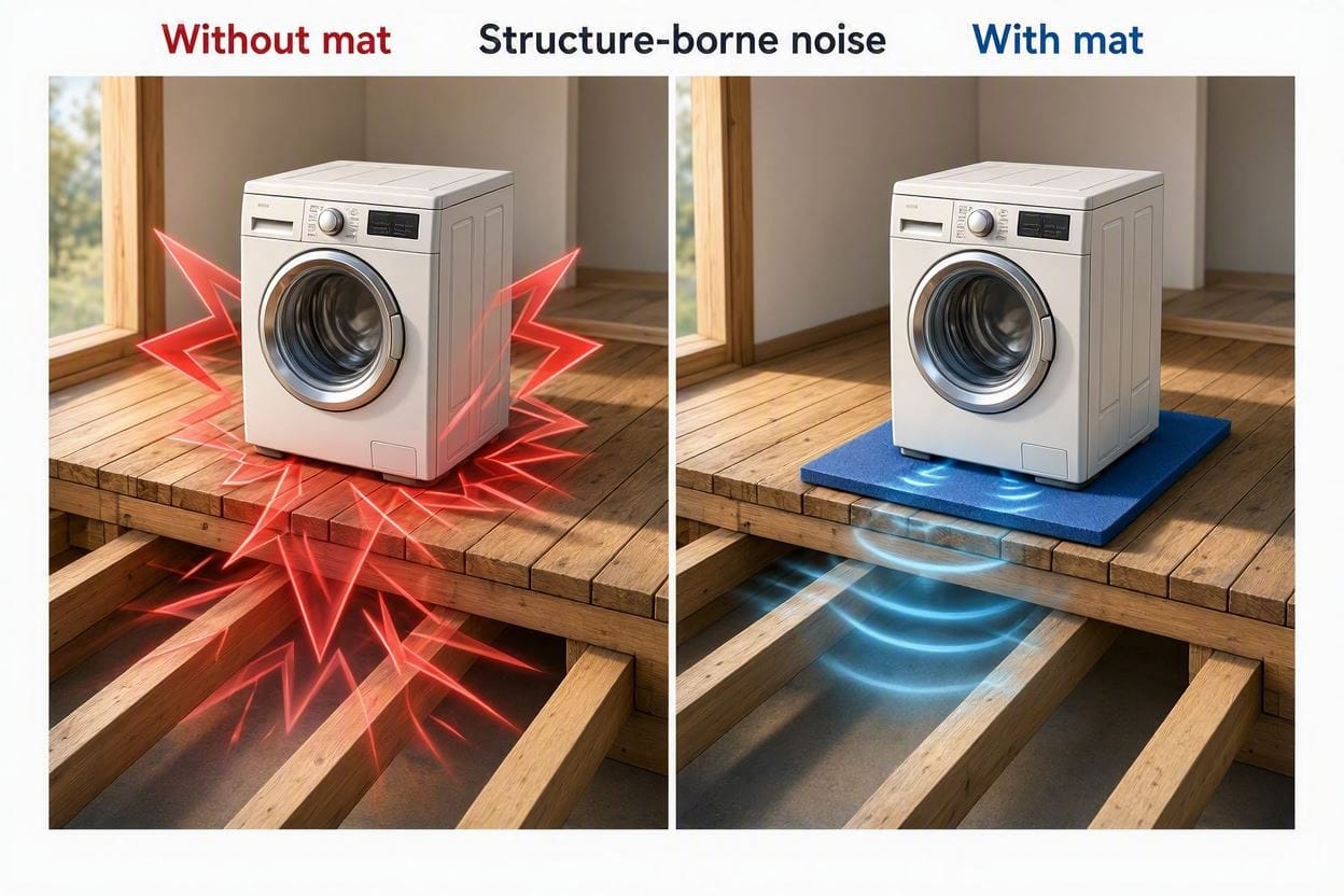 A technical diagram showing how rubber anti-vibration mats decouple washing machine kinetic energy from residential floor joists