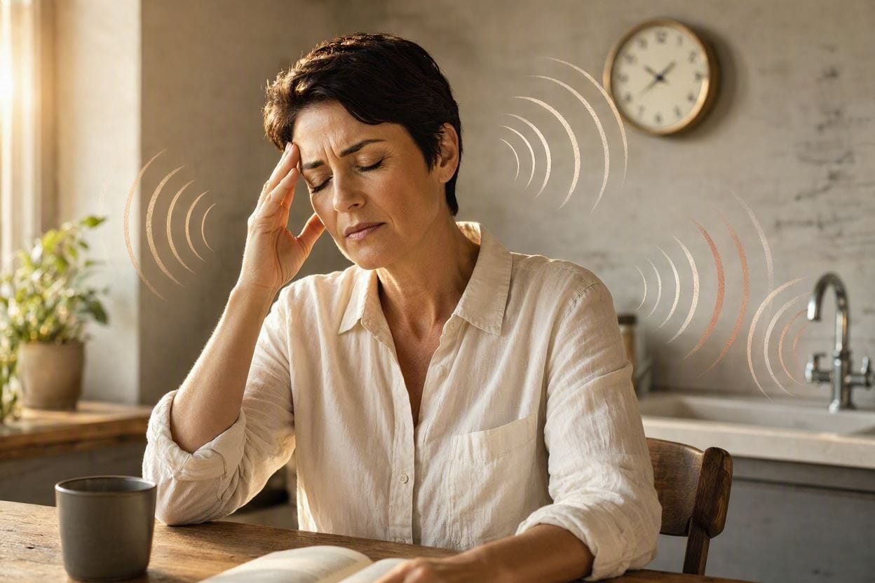 A person visibly stressed by a repetitive household sound in a quiet home setting