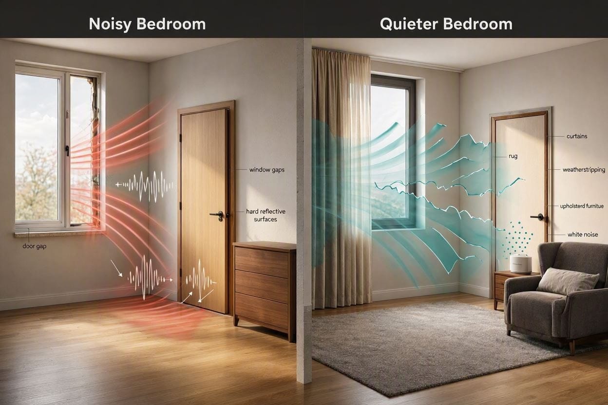 A comparison showing how curtains, rugs, sealed gaps, and soft furnishings make a bedroom quieter for sleep